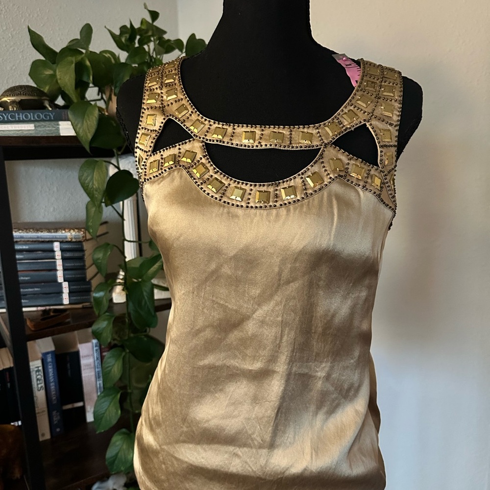 Caché Silk Gold Embellished Women's Top